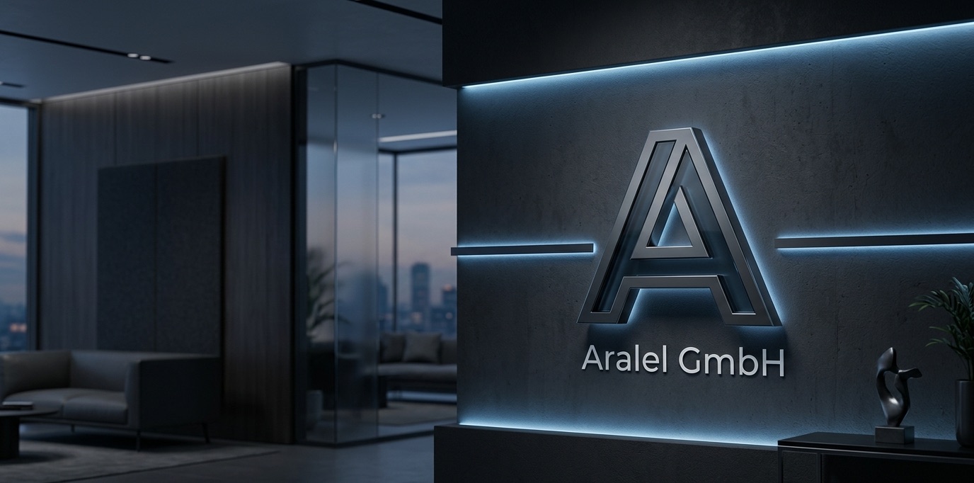 Aralel GmbH logo on an illuminated office reception wall